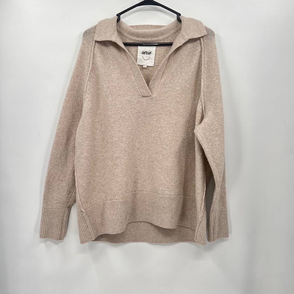 Aerie XS Oversized Polo Sweater Womens Beige Excellent Split‎ Neck Long Sleeve